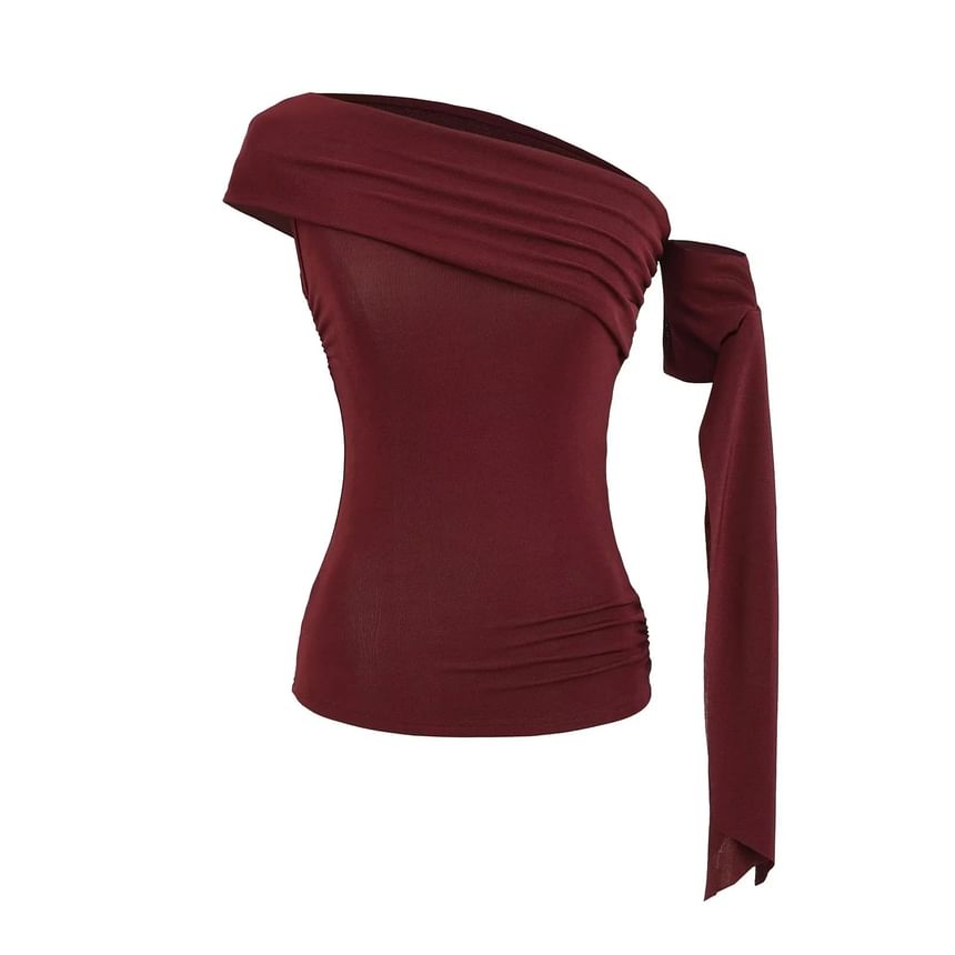 Plain Off-Shoulder Asymmetric Slim-Fit Top