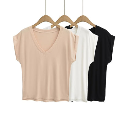 Plain V-Neck Short-Sleeved Loose-Fit Tee