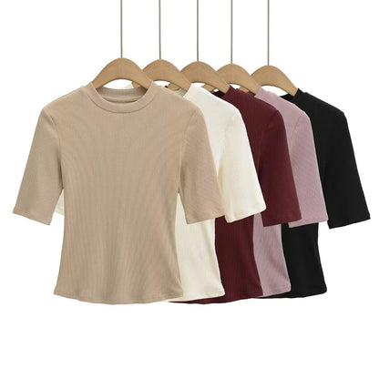 Ribbed-Knit Plain Short-Sleeved Slim-Fit Cropped Top