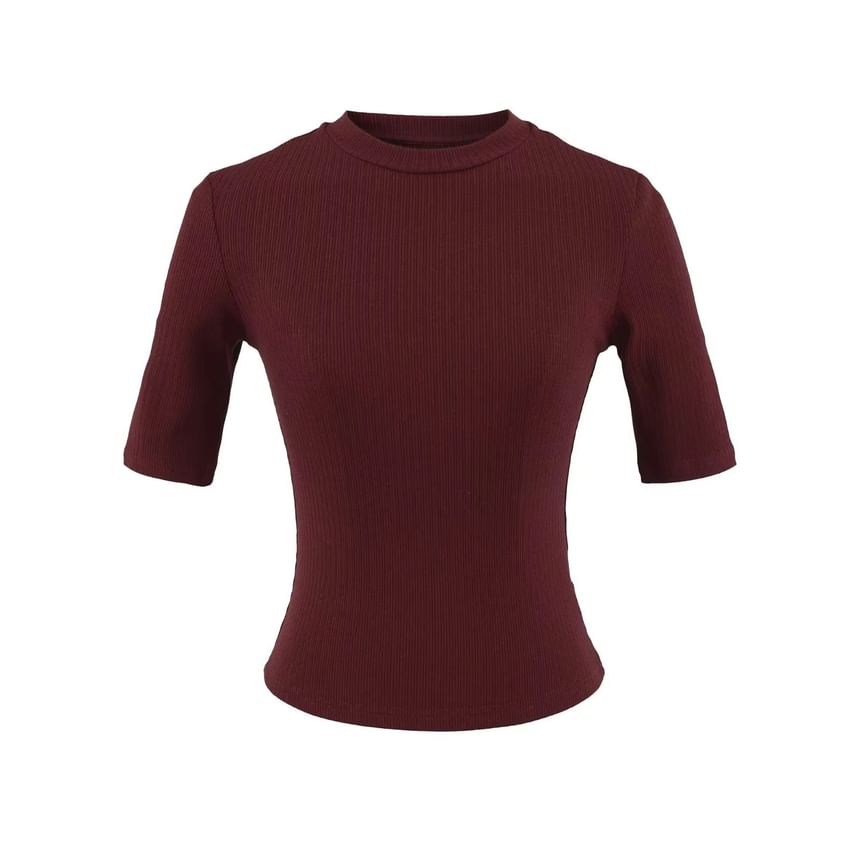 Ribbed-Knit Plain Short-Sleeved Slim-Fit Cropped Top