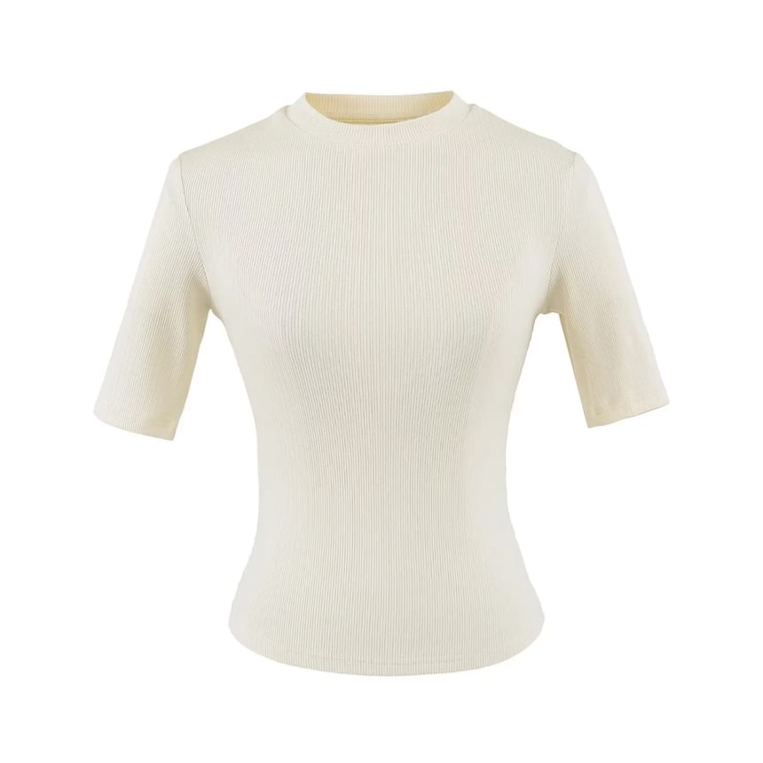 Ribbed-Knit Plain Short-Sleeved Slim-Fit Cropped Top