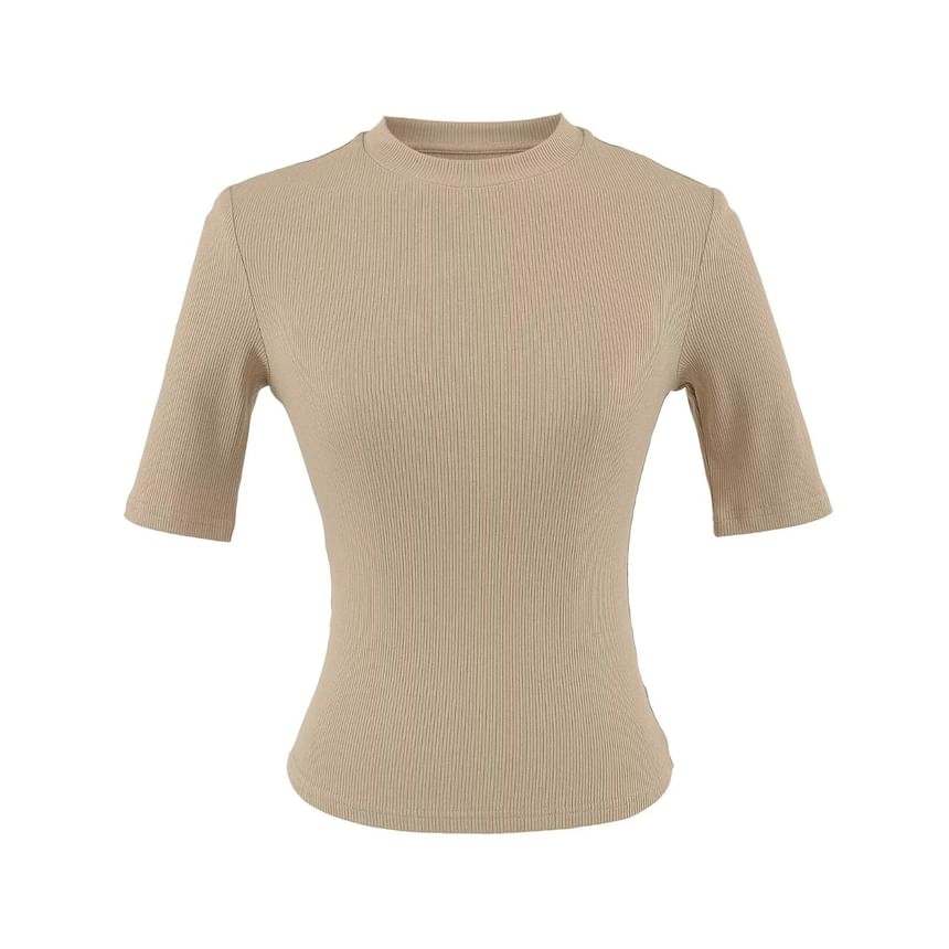 Ribbed-Knit Plain Short-Sleeved Slim-Fit Cropped Top