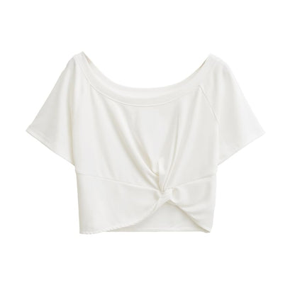 Plain Cold-Shoulder Short-Sleeved Knotted Cropped Tee