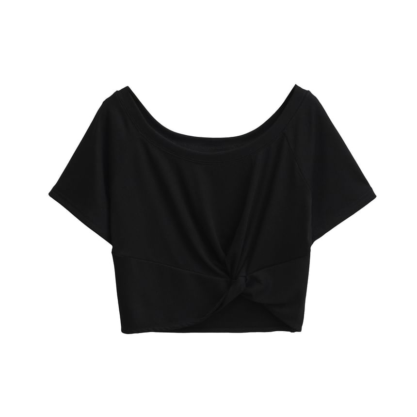 Plain Cold-Shoulder Short-Sleeved Knotted Cropped Tee