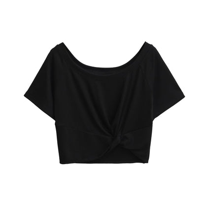 Plain Cold-Shoulder Short-Sleeved Knotted Cropped Tee