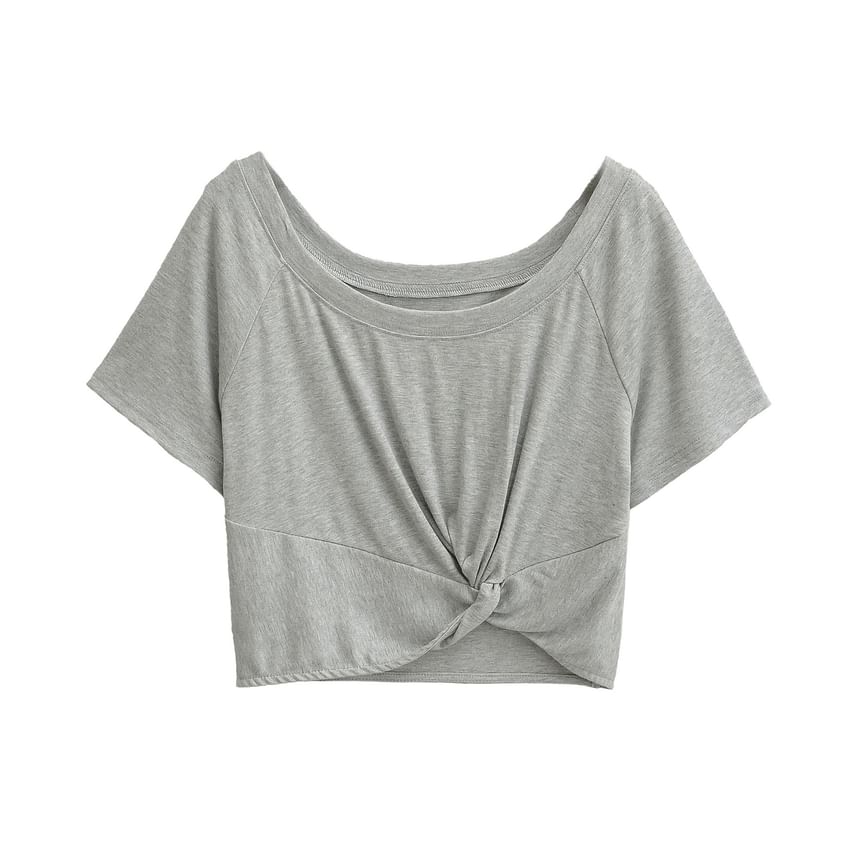 Plain Cold-Shoulder Short-Sleeved Knotted Cropped Tee