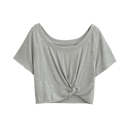 Plain Cold-Shoulder Short-Sleeved Knotted Cropped Tee