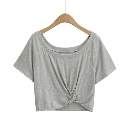Plain Cold-Shoulder Short-Sleeved Knotted Cropped Tee
