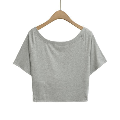 Plain Cold-Shoulder Short-Sleeved Knotted Cropped Tee