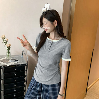 Mock Two-Piece Half-Button Short-Sleeved Slim-Fit Top