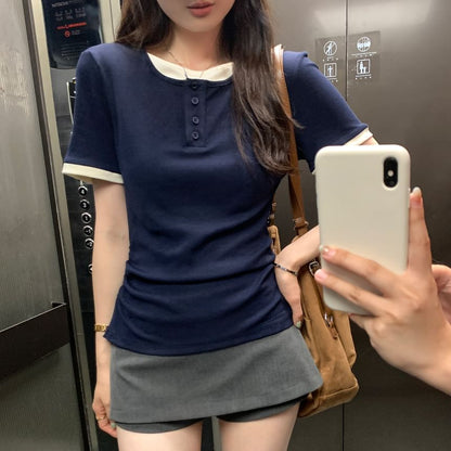 Mock Two-Piece Half-Button Short-Sleeved Slim-Fit Top