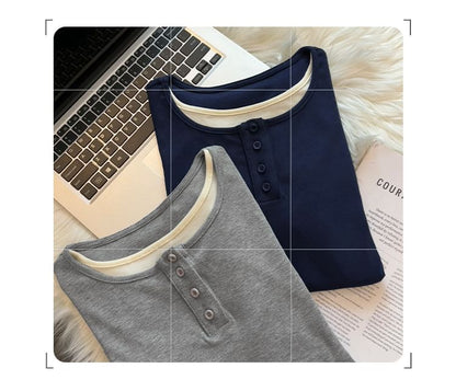 Mock Two-Piece Half-Button Short-Sleeved Slim-Fit Top