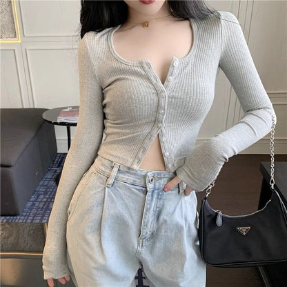 Ribbed Scoop-Neck Long-Sleeved Cropped Tee with Buttons