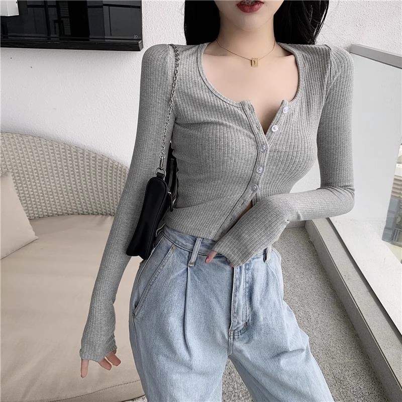 Ribbed Scoop-Neck Long-Sleeved Cropped Tee with Buttons