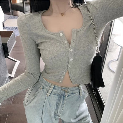 Ribbed Scoop-Neck Long-Sleeved Cropped Tee with Buttons