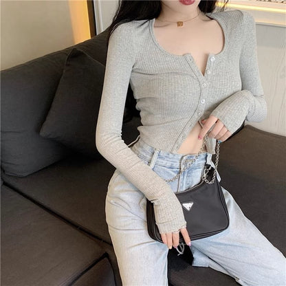 Ribbed Scoop-Neck Long-Sleeved Cropped Tee with Buttons