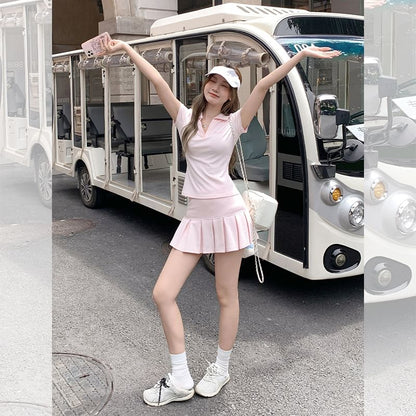Polo Shirt & Pleated Mini Skirt