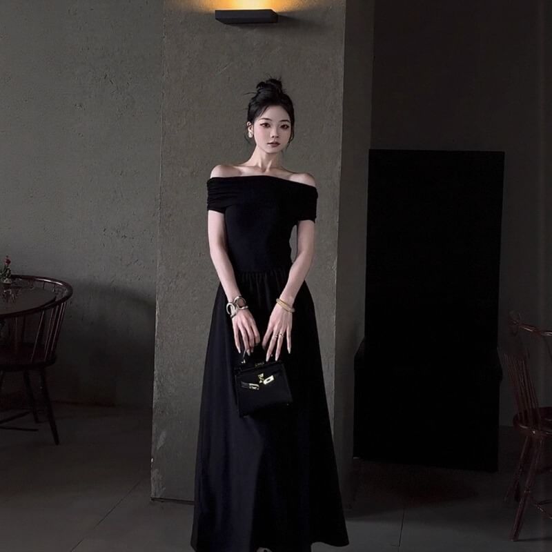 Off-Shoulder Short Sleeve A-Line Maxi Dress - Altfashion Shop