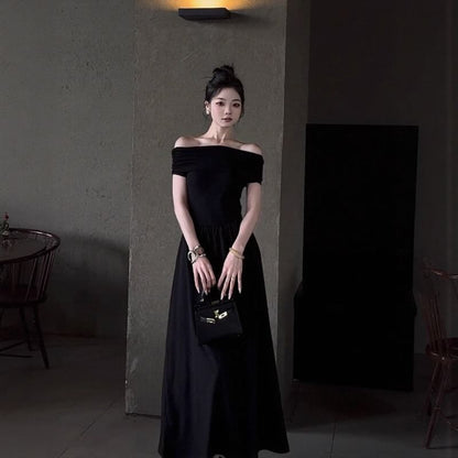 Off-Shoulder Short Sleeve A-Line Maxi Dress - Altfashion Shop