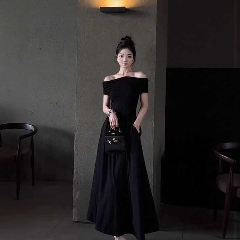 Off-Shoulder Short Sleeve A-Line Maxi Dress - Altfashion Shop