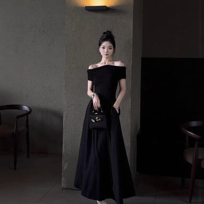 Off-Shoulder Short Sleeve A-Line Maxi Dress - Altfashion Shop