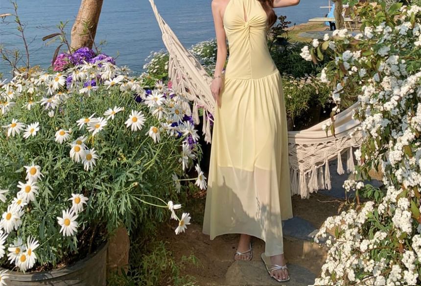 Halter Neck Cutout Ruched Mesh Maxi Dress - Altfashion Shop