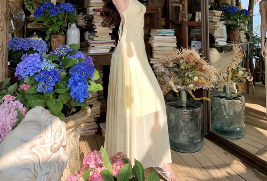 Halter Neck Cutout Ruched Mesh Maxi Dress - Altfashion Shop