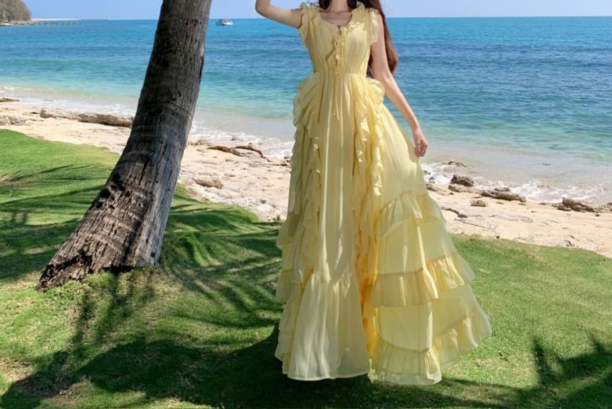 Sleeveless V-Neck Ruffle Trim Maxi Dress - Altfashion Shop