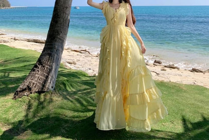 Sleeveless V-Neck Ruffle Trim Maxi Dress - Altfashion Shop