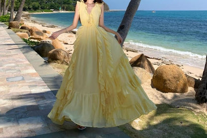 Sleeveless V-Neck Ruffle Trim Maxi Dress - Altfashion Shop