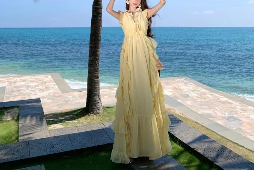 Sleeveless V-Neck Ruffle Trim Maxi Dress - Altfashion Shop