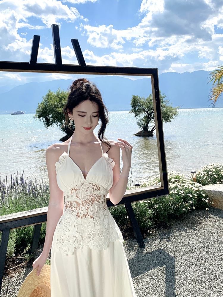 Halter V-Neck Lace Panel Frill Open Back Maxi - Altfashion Shop