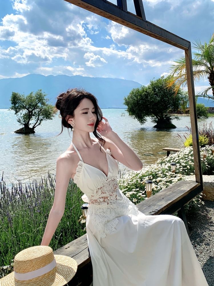 Halter V-Neck Lace Panel Frill Open Back Maxi - Altfashion Shop