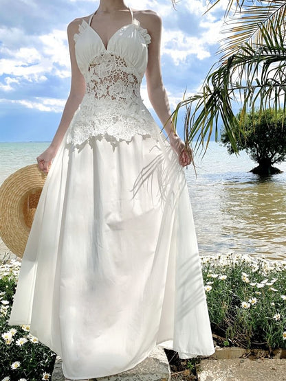 Halter V-Neck Lace Panel Frill Open Back Maxi - Altfashion Shop