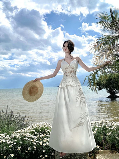 Halter V-Neck Lace Panel Frill Open Back Maxi - Altfashion Shop