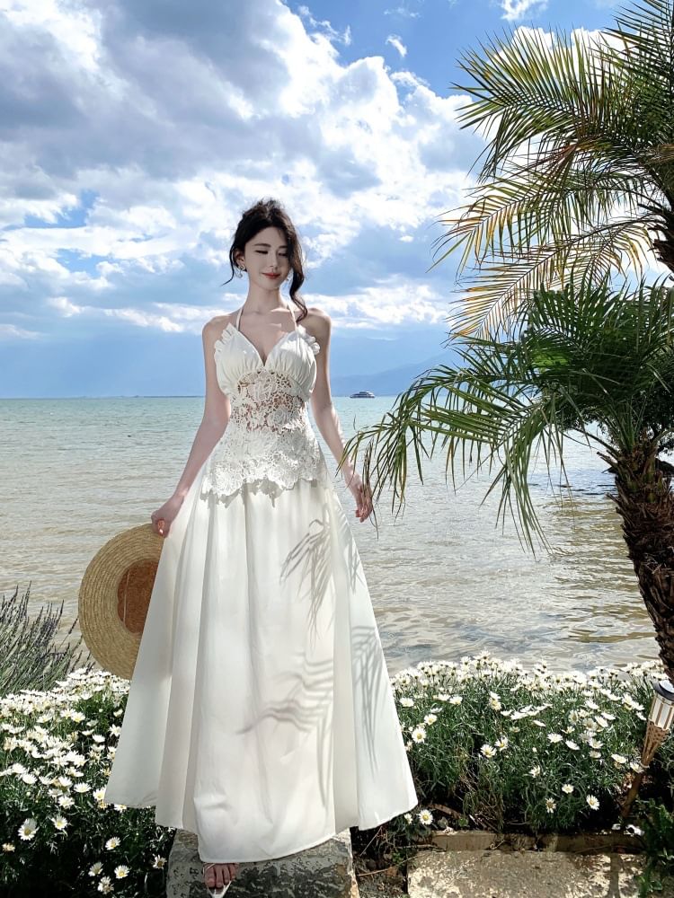 Halter V-Neck Lace Panel Frill Open Back Maxi - Altfashion Shop
