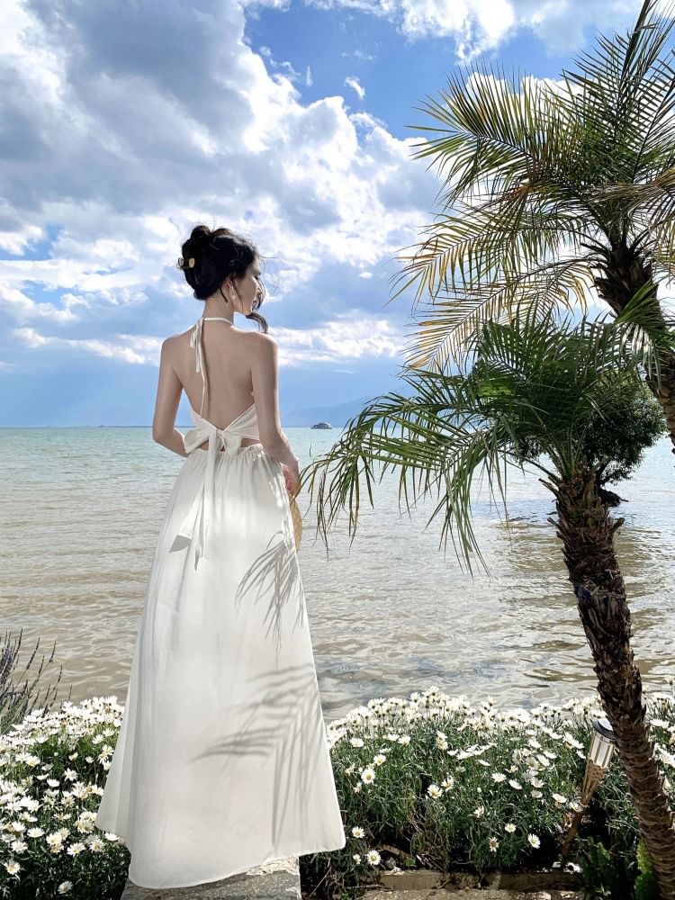 Halter V-Neck Lace Panel Frill Open Back Maxi - Altfashion Shop