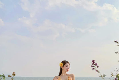 Tie Dye V-Neck Halter Maxi Dress Open Back - Altfashion Shop
