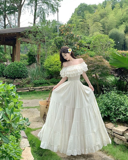 Off-Shoulder Frayed Ruffle Trim Maxi Dress - Altfashion Shop