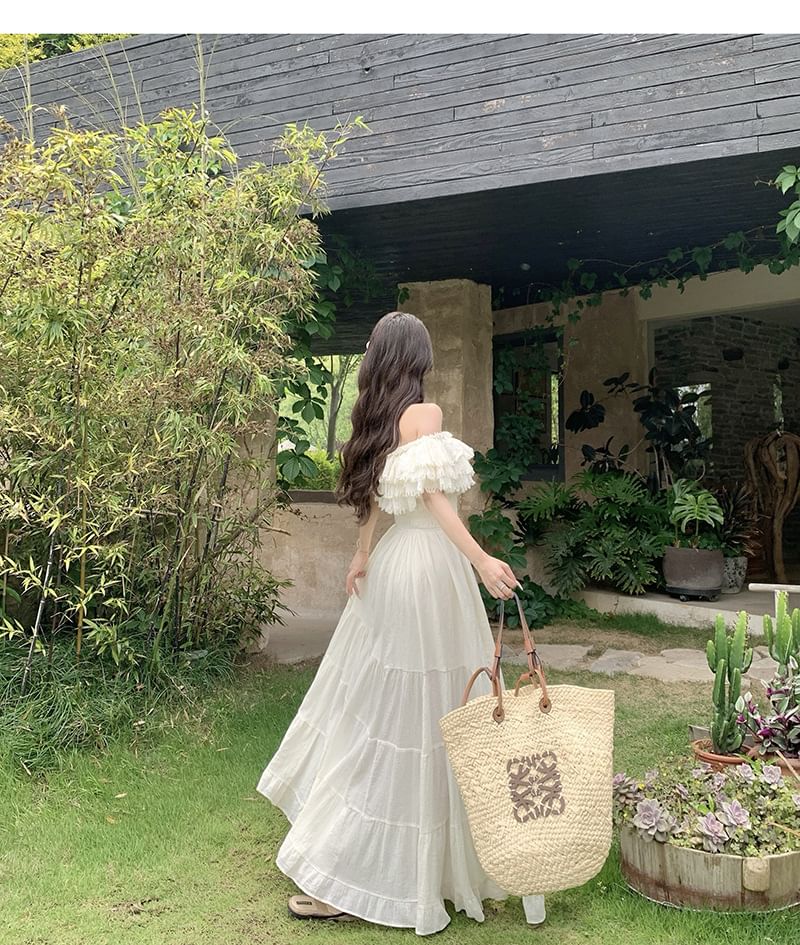 Off-Shoulder Frayed Ruffle Trim Maxi Dress - Altfashion Shop