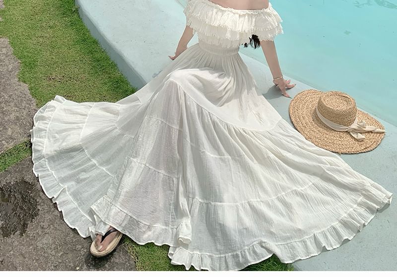 Off-Shoulder Frayed Ruffle Trim Maxi Dress - Altfashion Shop