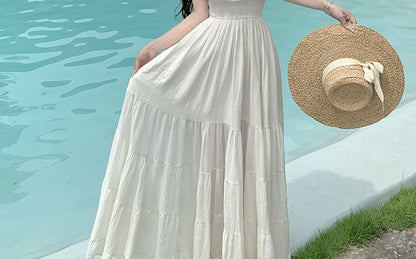 Off-Shoulder Frayed Ruffle Trim Maxi Dress - Altfashion Shop
