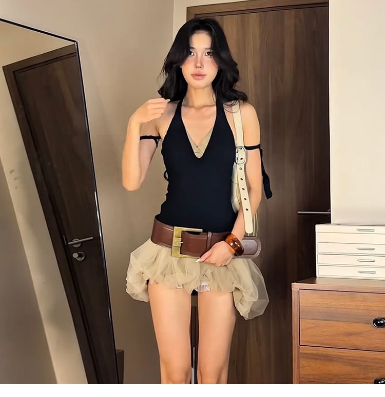 V-Neck Top & Sheer Mini Skirt