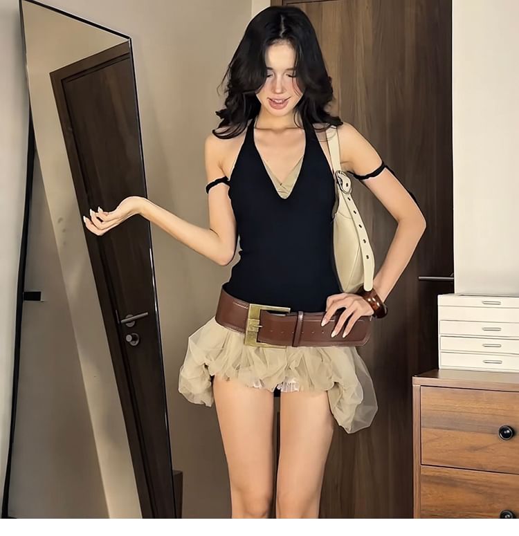 V-Neck Top & Sheer Mini Skirt