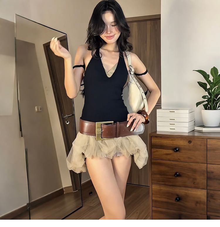 V-Neck Top & Sheer Mini Skirt