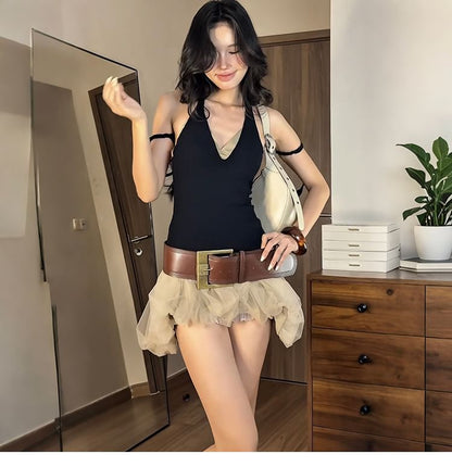 V-Neck Top & Sheer Mini Skirt