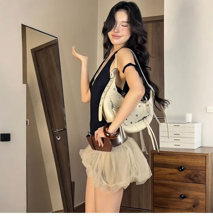 V-Neck Top & Sheer Mini Skirt