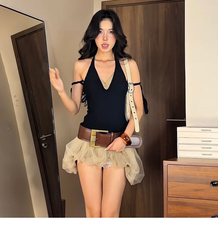 V-Neck Top & Sheer Mini Skirt