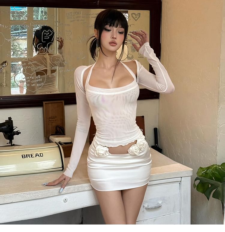 Halter Crop Top & Shrug & Mini Skirt Set