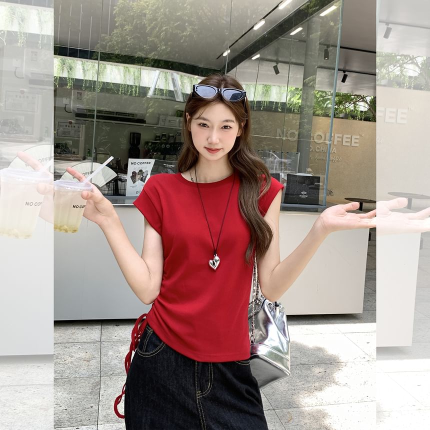 Plain Ruched Slim-Fit Crew-Neck Cap-Sleeved Tee